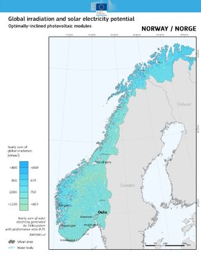 Figur 3: Solenergipotensialet i Norge (Optimal vinkel).
