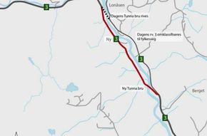 Kart over den nye strekningen på riksvei 3. <i>Illustrasjon:  Statens vegvesen</i>