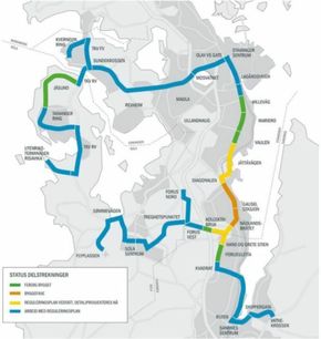 Status for delstrekningene av Bussveien. <i>Illustrasjon:  Rogaland fylkeskommune</i>