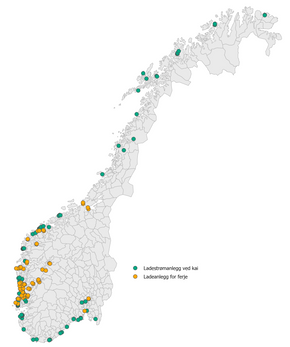 Ladeanlegg for ferjer og landstrømanlegg ved kai per august 2021. Vestlandet har desidert  <i>Illustrasjon:  SSB</i>