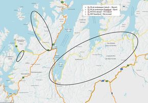 Kart over områdene hvor de nye rekkverkene skal opp. <i>Illustrasjon:  Troms og Finnmark fylkeskommune</i>