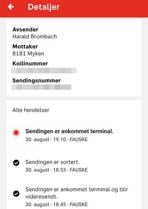 Posten-appen har fortsatt ikke blitt oppdatert med at pakken vi sendte til Myken, har kommet fram, mer enn to uker etter ankomst. <i>Skjermbilde:  Harald Brombach</i>