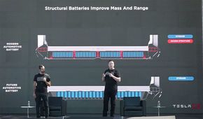 Tesla jobber også med strukturelle batteripakker bestående av sylindriske celler. <i>Skjermbilde:  Tesla</i>