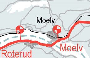Delstrekningen Moelv-Roterud er cirka 11 kilometer lang. Prosjektet omfatter ny motorveibru over Mjøsa samt totalt cirka 9,4 kilometer vei i dagen på begge sidene av broen. <i>Illustrasjon:  Nye Veier</i>