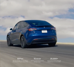 Dette skjermbildet fra september i år viser at Tesla reklamerte med at man kunne få inntil 270 kilometers rekkevidde ved å lade Model Y 15 minutter på en Supercharger. Senere ble rekkeviddetallet i det stille nedgradert til 241 kilometer. <i>Foto: Skjermbilde fra Teslas nettsider.</i>