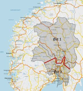 Kart over de to kontraktsområdene som avtalen omfatter. <i>Illustrasjon:  Statens vegvesen</i>