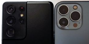 Slagmarken: En moderne topptelefon må første og fremst ha skikkelige kameraer. S21 Ultra (t.v.) har fire bak, mens Iphone 13 Pro Max har tre. <i>Foto:   Odd Richard Valmot</i>