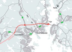 Strekningskart over E39 Ytre Ring i Kristiansand. <i>Illustrasjon:  Nye Veier</i>
