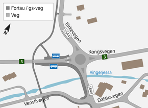 Slik som kartet viser vil den nye rundkjøringen i Veenskrysset fremstå når den er ferdig. <i>Illustrasjon:  Statens vegvesen</i>
