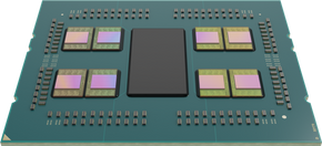 AMD Epyc med 3D V-Cache, uten deksel. Her ser man alle de ni brikkene som prosessoren består av. <i>Illustrasjon:  AMD</i>