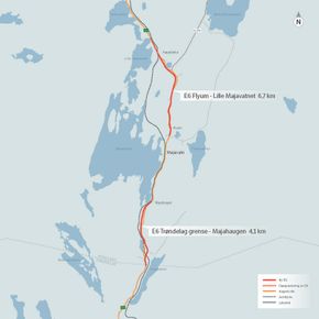 Kart over strekningene i denne nye kontrakten. <i>Illustrasjon:  Statens vegvesen</i>