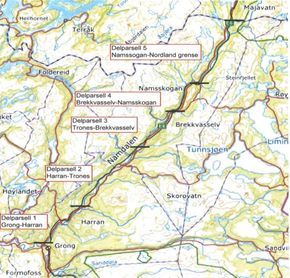 Karter viser delparsellene som skal bygges eller utbedres i det 94 kilometer lange utbedringsprosjektet på E6 fra Grong i Trøndelag til Nordland grense. <i>Illustrasjon:  Statens vegvesen</i>