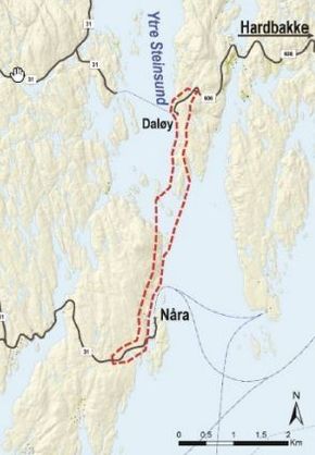 Kart over traseen for ny vei og ny bru i Solund. <i>Illustrasjon:  Vestland fylkeskommune</i>