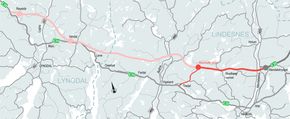 Totalt er strekningen fra Mandalskrysset til Hedal 25 kilometer langt. Etter oppdelingen av prosjektet er det kun de 8,5 første kilometerne som skal prioriteres. <i>Illustrasjon:  Nye Veier</i>