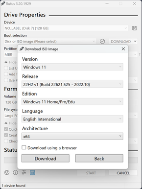 Du kan enten laste ned Windows ISO-filen på forhånd, eller via Rufus. <i>Skjermbilde:  Rufus</i>