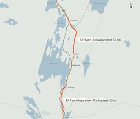 Prosjektet E6 Trøndelag grense-Lille Majavatn er delt i to parseller. Det skal blant annet bygges 9,6 kilometer ny E6 med fartsgrense 90 km/t og klargjøres for 90 km/t på strekningen Kappfjellia-Lille Majavatn. <i>Illustrasjon:  Statens vegvesen</i>