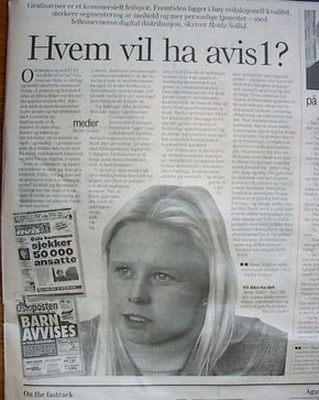 Bente Sollids innlegg i DN 11. oktober 1999, «Hvem vil ha avis1?». <i>Faksimile:  DN</i>