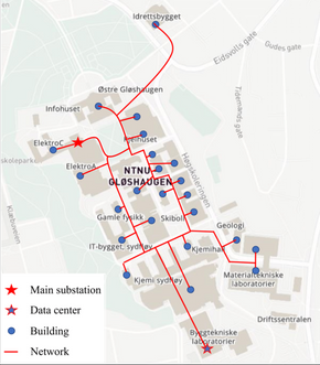 I et forenklet kart over Gløshaugen viser forskerne hvordan datasenteret (blå stjerne nederst) og campus-nettverket for fjernvarme med de forskjellige bygningene er koblet sammen med kommunens fjernvarmenettstasjon (rød stjerne øverst til venstre). <i>Illustrasjon:  Hou, Li og Nord</i>