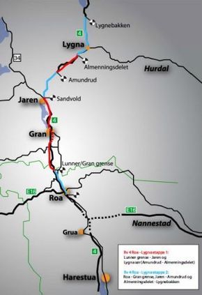 Etappe 2 av riksvei 4 på Hadeland består av tre strekninger. Firefeltsveien Roa-Gran grense åpner trolig i år. Breddeutvidelsen av Sandvoll-Amundrud var ferdig i 2022. Nå kommer Almenningsdelet-Lygnebakken. <i>Illustrasjon:  Statens vegvesen</i>