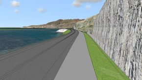 Slik vil deler av den nye riksvei 94 sør for Hammerfest se ut når den står ferdig. Til høyre for veibanen ligger et fire meter breit fresefelt og en fire meter bred grøft som skal fange opp det meste av fokksnøen vinterstid. <i>Illustrasjon:  Statens vegvesen</i>