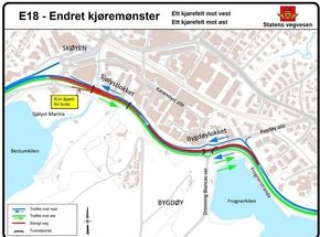 Kartoversikt som viser hvor arbeidene på E18 pågår <i>Bilde:  Statens vegvesen</i>