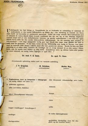 Med dette spørreskjemaet samlet de to legene Fredrik Georg Gade og Andreas Fredrik Grøn inn tradisjoner om norsk folkemedisin i 1911. <i>Foto:  UiO</i>
