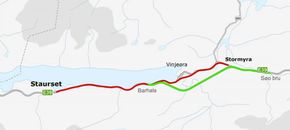 To linjer på strekningen Staurset-Stormyra var aktuelle, men så ble grønn linje vedtatt. <i>Illustrasjon:  Statens vegvesen</i>