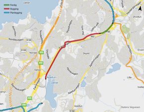 Rød linje i kartet viser Sykkelstamvegen i Bergen delstrekning 2, som omfattes av denne konkurransen. <i>Illustrasjon:  Statens vegvesen</i>