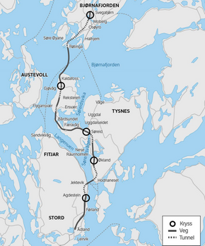 Hordfast skal etter planen bygges mellom Os og Stord, og erstatte flere fergestrekninger mellom Bergen og Stavanger med vei. <i>Illustrasjon:  Vegvesenet</i>