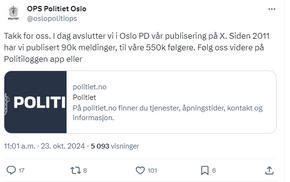 Politiet i Oslo poster sin siste melding på X. Nå går de over på Politiloggen. <i>Foto:  Skjermbilde X</i>