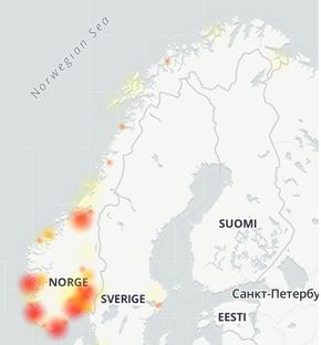 Downdetectors utfallskart viste klokka 11.25 at hoveddelen av Telenor-kundene som melder om problemer, holder til sør for Trondheim. <i>Illustrasjon:  Downdetector</i>