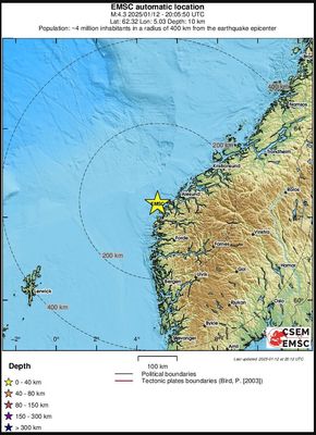 Det har vært rystelser over store deler av Vestlandet etter et jordskjelv noen mil vest av Herøy i Møre og Romsdal søndag kveld. <i>Foto:  emsc-csem.org</i>