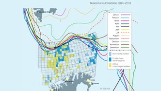 Kartet viser hvor den gamle iskanten, hvor langt isen beveger seg gjennom årets 12 måneder. Oversikten er basert på meteorologiske data fra de siste 30 årene. Flere av blokkene som ble tildelt i 23. konsesjonsrunde ligger innenfor denne sonen store deler av året. Foto: Kjersti Magnussen/TU