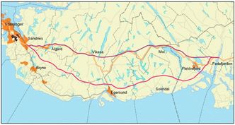 Oversiktskartet viser dagens jernbane (grå), E39 (gul), Jærlinja (rosa) og indre linje (lilla). Foto: Statens vegvesen