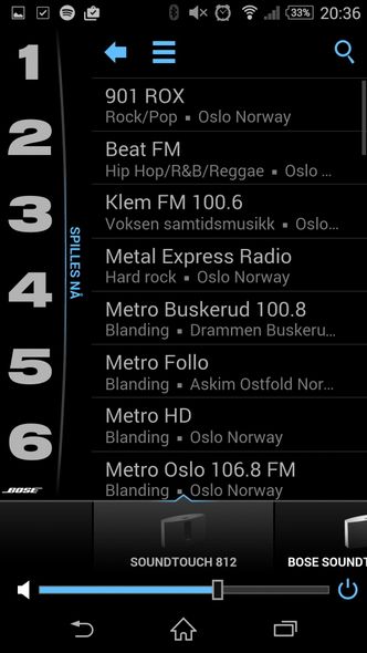 Best til musikk Radio: Bose skal ha mye ros for hvordan de har sortert all verdens internettradiokanaler. Velger du lokale får du opp norske. Herfra kan de legges inn på de seks forhåndsinnstilte knappene som kan velges fra appen, fra høyttaleren eller fra fjernkontrollen