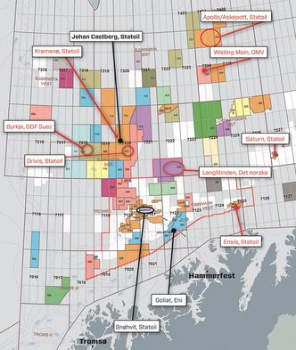 Brønner i Barentshavet (se illustrasjon):Brønner i nord: Navnene i rødt er pågående eller kommende letebrønner i Barentshavet. Navnene i sort er produserende eller kommende felt. Castberg har for ordens skyld blitt utsatt.