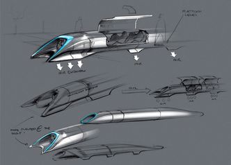 En skisse av Hyperloop-kapselen. Foran ses kompressoren som skal redusere luftmotstanden til kapselen og skaffe luft til luftlagerne som kapselen skal sveve på.