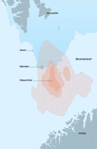 Lang erfaringOlje: De brune feltene viser tettheten av oljepartikler, hvorav det mørkeste feltet viser områder der det er mer enn 80 prosent sannsynlighet for å finne olje. Iskanten er basert på data fra mars 2011. Kilder: Sintef/Meteorologisk institutt