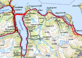 Tresfjordbrua er markert øverst til venstre, Vågstrandtunnelen er den stiplete røde linjen lengst til høyre. Ill.: Statens vegvesen