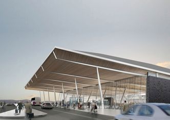 Slik skal hovedinngangen til den nye terminalen se ut. Reisende fra terminal 2 skal også ankomme her.