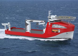 Noryards NY100 – et IMR-fartøy Noryards Fosen skal levere til BOA Offshore i mars 2017. Opprinnelig ble skipet bestilt med en 150-tonns NOV-kran med stålwire. Det er nå endret til en NOV Trident med fibertau som kan løfte 150 tonn og sette ned på 3000 meter. Dermed kan skipet også fungere som konstruksjonsskip. Bruksområdet øker, uten at skipet blir større. Illustrasjon: Noryards/ Gunnar F AS