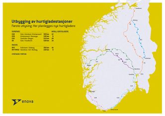 Enovas kart viser punkter som til en viss grad indikerer hvor ladestasjonene kommer, basert på kravet om 5 mils avstand mellom laderne.