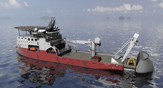 SX174 med X-Stern og X-tender trukket ut og A-ramme-kranen i ferd med å sette ut en modul.