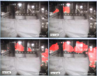 Slik utviklet lekkasjen seg. De røde skyene er hydrokarboner. Foto: Statoil (overvåkningskamera) 