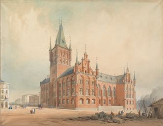 I 1856 ble det utlyst en arkitektkonkurranse for Norges første stortingsbygning. Vinneren var en nygotisk bygning med spir tegnet av arkitektene Heinrich Ernst Schirmer og Wilhelm von Hanno. Men det kirkelignende forslaget ble forkastet av Stortinget. Foto: Dag A. Ivarsøy