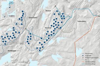 Turbinplasseringen i Roan vindpark. Illustrasjon:  Statkraft