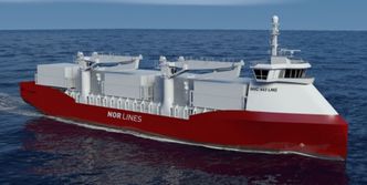 Godsskip med LNG-motor og plug-in hybrid framdrift. Vil kreve landstrøm/ladestrømkobling i havner. Foto: GKP