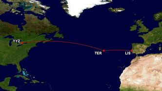 Flught 236 var på vei fra Toronto (YYZ) til Lisboa (LIS) og nødlandet på flybasen Lajes (TER). Foto: Great Circle maker