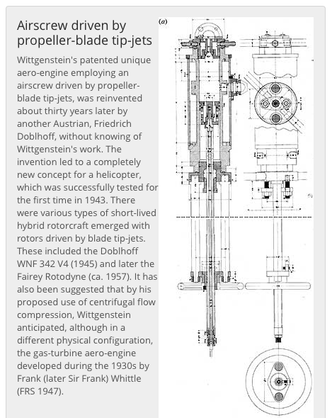 Filosofen Wittgenstein fikk en teknisk utdannelse. Han studerte flyteknikk ved Universitetet i Manchester. Han utviklet der et patent for en fullstendig ny måte å tenke helikopter rotor på. Denne gjennomgikk også en vellykket testing i 1943. Foto tatt av Harald N. Røstvik. Det viser Wittgensteins originaltegning og en tekst som finnes på University of Manchester.