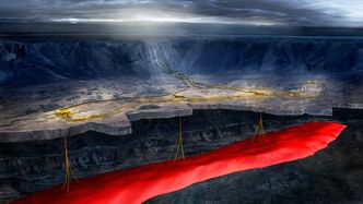 Ormen Lange ligger på rundt 1000 meters dyp, i bunn av en meget bratt og krevende fjellside. Det var opp denne Spider måtte grave en grøft, som gjorde det mulig å legge et gassrør inn til land. Foto: Shell.